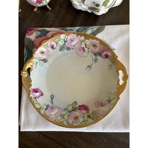 VTG MZ Austria Hand Painted Roses Porcelain Cake Plate Gold Handles Limoges Like